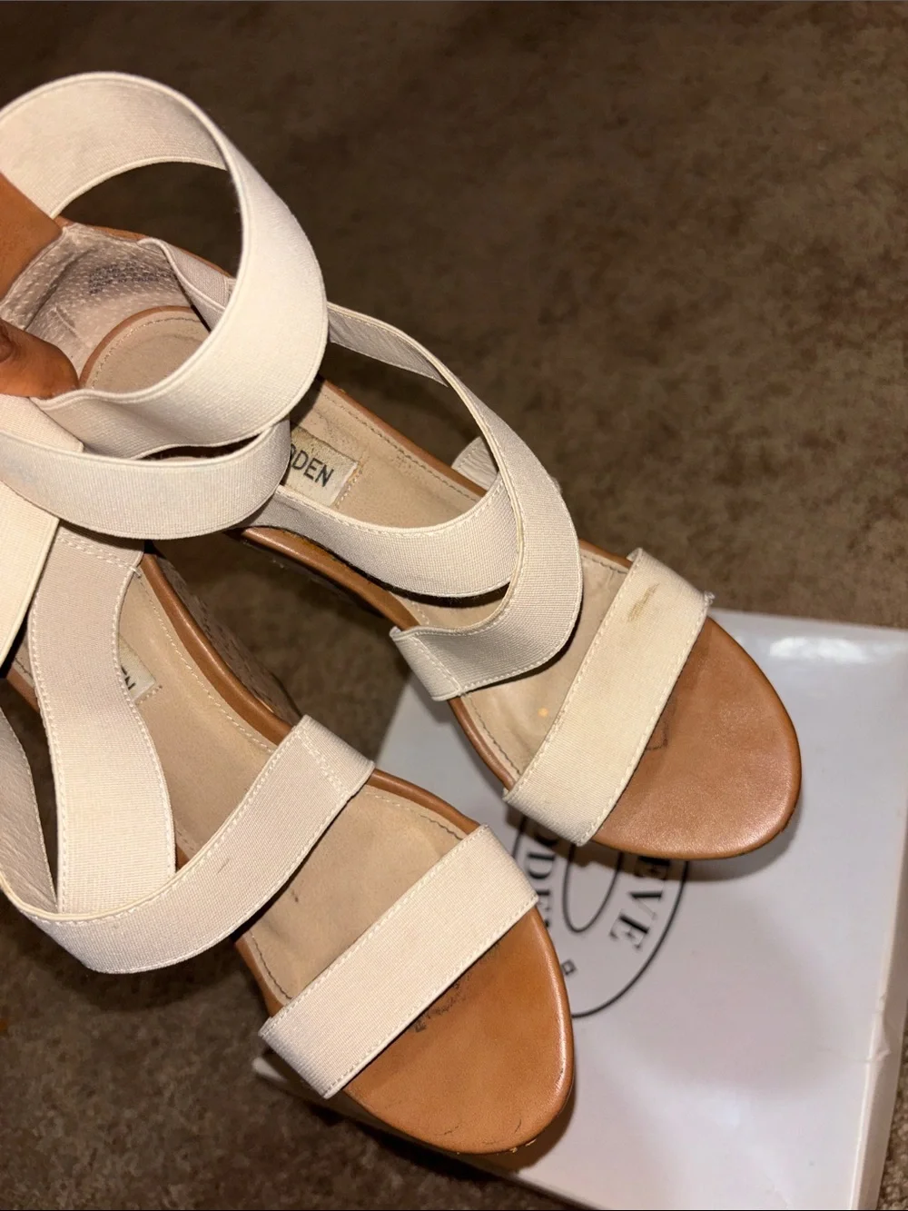 Steve Madden Beige Elastic Strappy Cork Wedges